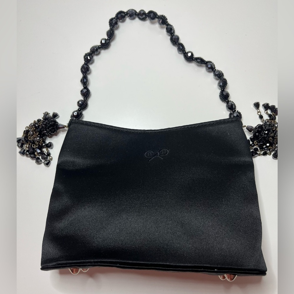 Anya Hindmarch Black Satin Beaded Mini Shoulder Bag Tassel Evening Y2K England - Picture 6 of 12